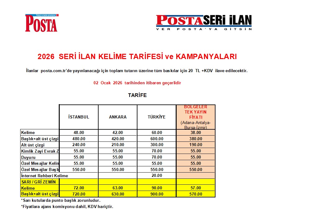Posta seri ilan fiyatlar 2026